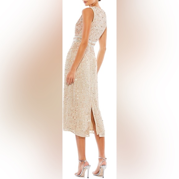 MAC DUGGAL SLEEVELESS HIGH NECK BEADED MIDI SHEATH DRESS - Picture 2 of 10